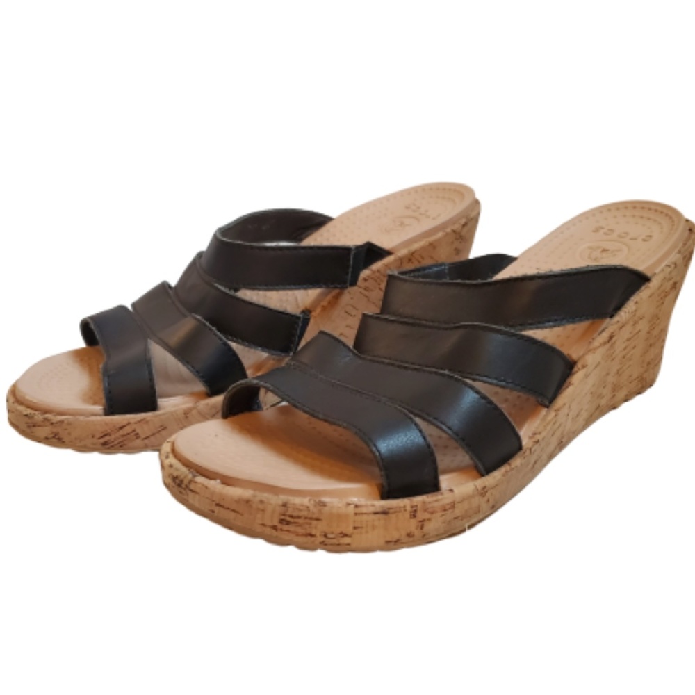 CROCS Wedge Sandals Black Straps Cork Size 9W